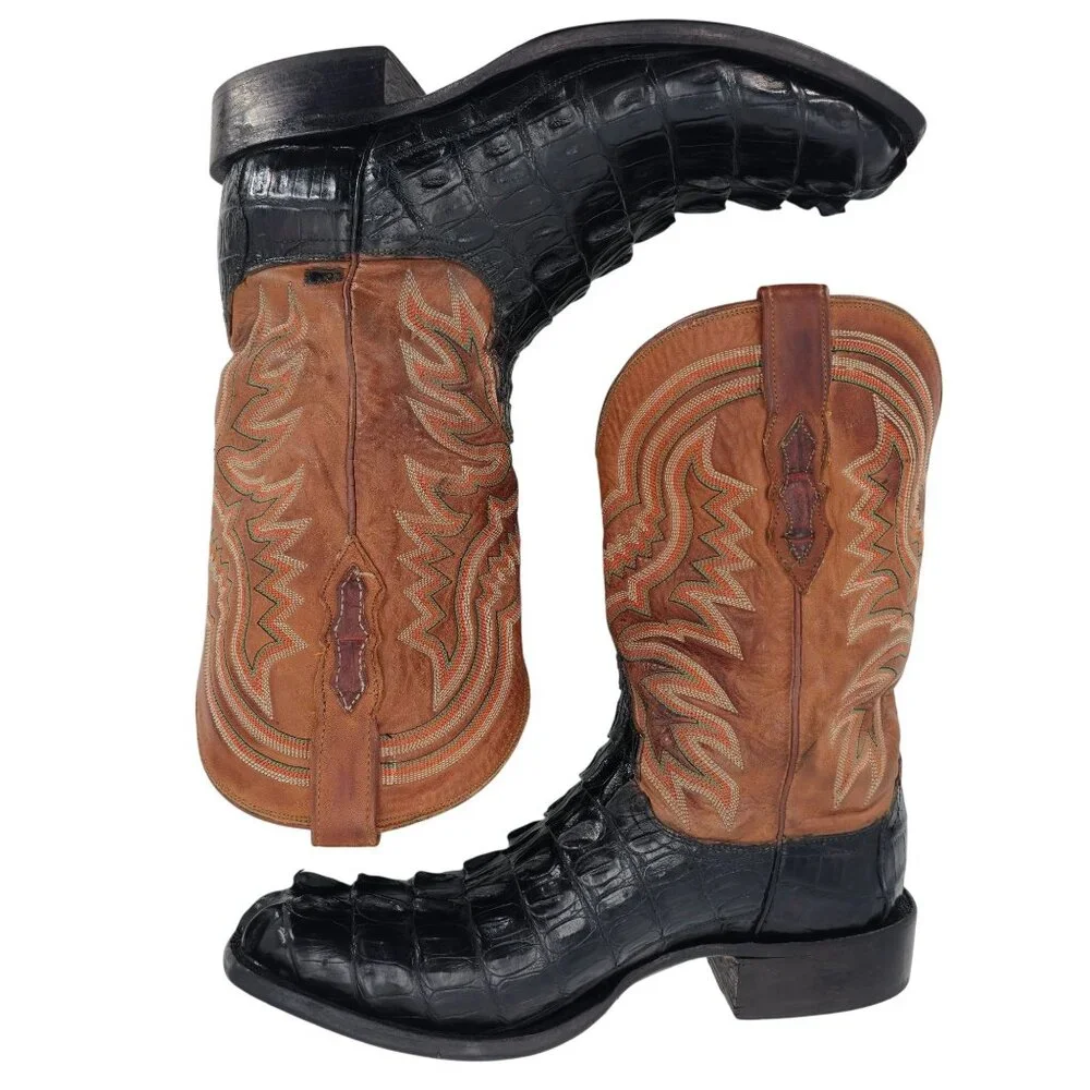 Lucchese Mens 9.5EE Tail-cut Caiman Black Brown Leather Cowboy Western Boots CBC - Picture 8 of 16